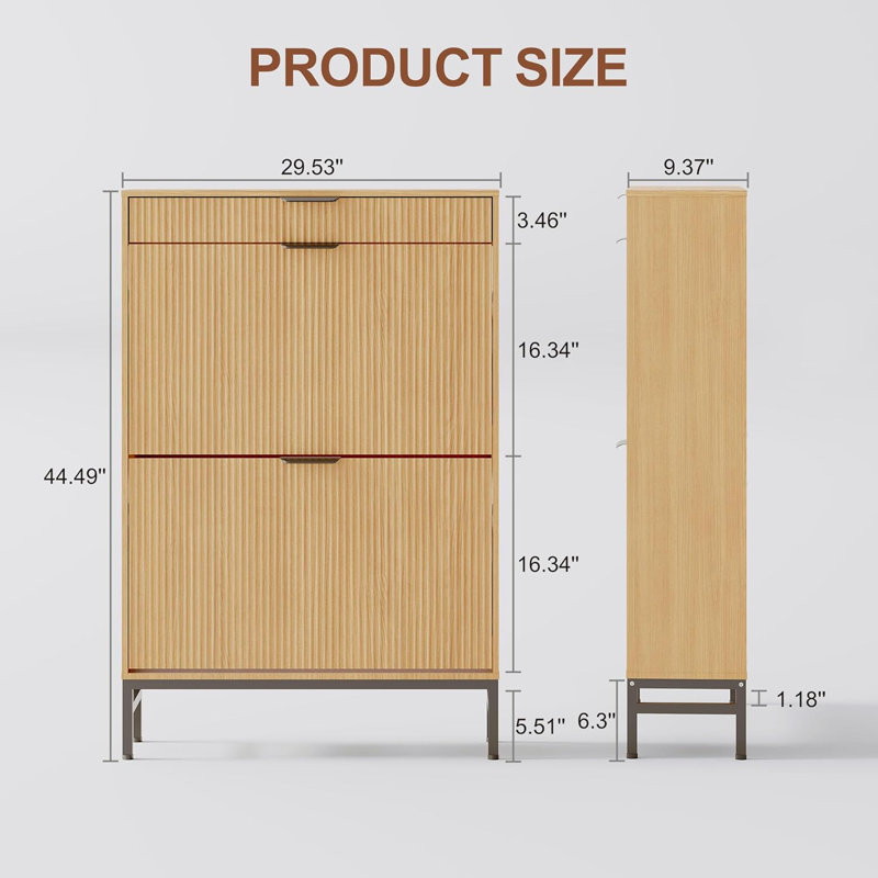 Fluted Shoe Storage Cabinet, Natural Wood