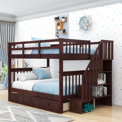 Mattawa Kids Full Over Full 3 Drawers Wooden Bunk Bed with Shelves