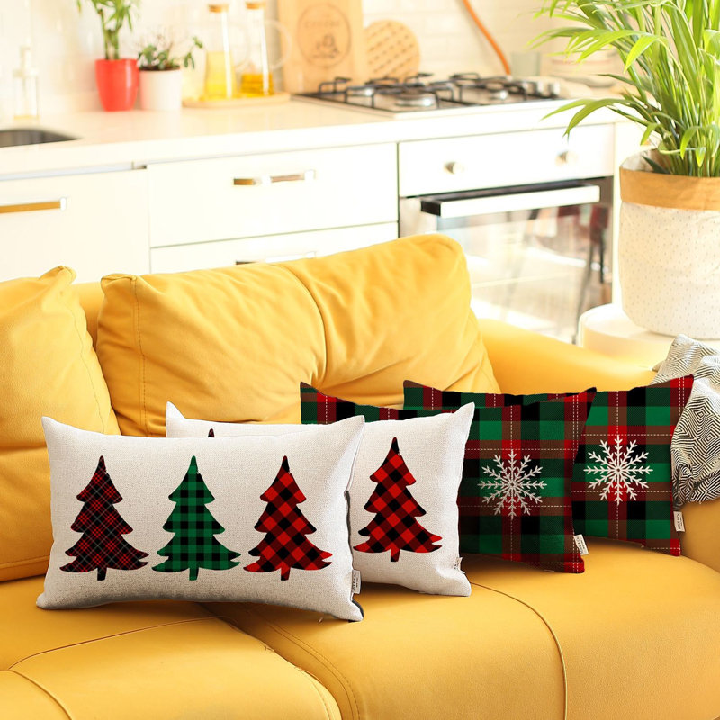 Red and White Polyester Christmas Tree Plaid Throw Pillow Covers, 12 x 20 in, Set of 4