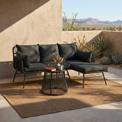 Outdoor L-shaped Rattan Sofa Set Boho Style, Black