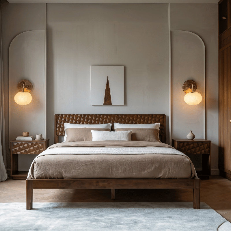 Sapa Solid Wood Bed Frame with 3D Carved Headboard, Japanese Joinery, No Box Spring Needed, Silent slats, Easy Assembly