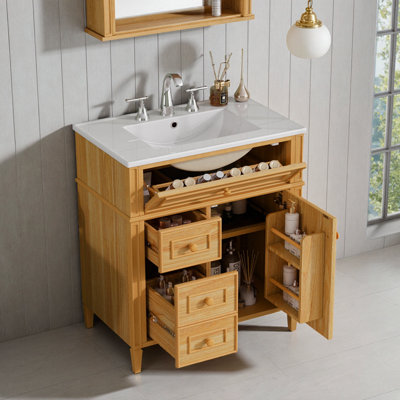 30" Bathroom Vanity with Sink, Soft-Close Door & Drawers, Flip-Out Organizer, Wood Tone