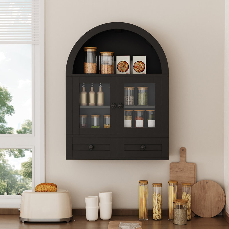 Arc-shaped Bathroom Storage Cabinet, Wall Cabinet, Wall Shelf Above the Toilet, with Double Drawers and Glass Door, Adjustable Shelves, Arched Hanging Cabinet for Kitchen, Living Room and Laundry Room