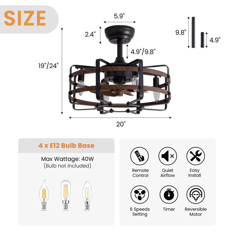 Ventilateur de plafond industriel noir 20 po avec éclairage et télécommande, Noir / Noyer