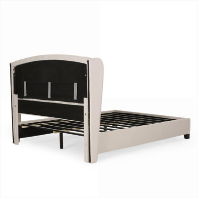 Grand lit plateforme tapissier à oreilles capitonné brun foncé avec DEL pour chambre à coucher principale