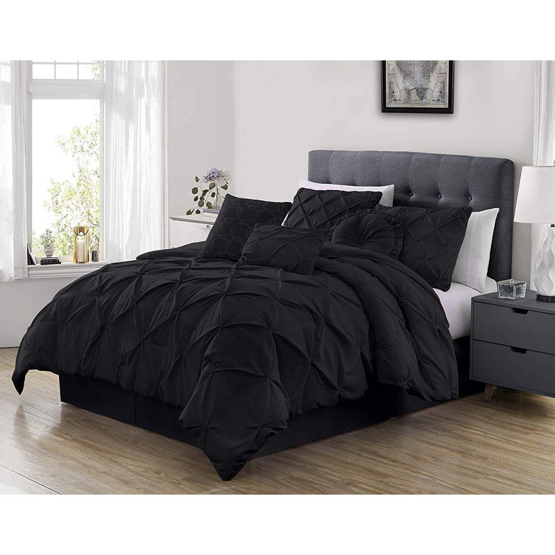 Ensemble d'édredon en microfibre 7 pièces Sydney Pintuck, Noir, Édredon de très grande taille et 6 pièces suppl