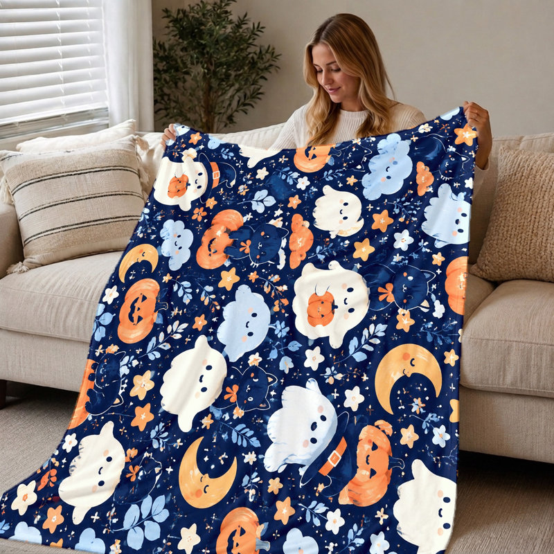 1Pcs Halloween Ghost Pumpkin Cat Print Flannel Blanket – Single-Sided;Ideal for Home Living Room Bedroom DecorationPerfect Fall and Themed PartiesA Fun Cozy Gift Choice. Bedding and sofa items