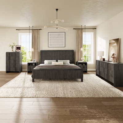 Ensemble de chambre à coucher 5 pièces à grain de bois moderne avec lit plateforme, commodes à 5 et 6 tiroirs et table de chevet * 2, très grand, noir