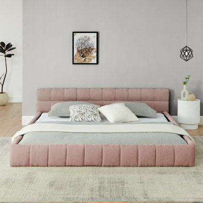 King Size Bed Frame With Headboard - Thick Chenille Upholstery For Comfort Pink No Box Spring  88.5''*85.5''*24'' Modern Elegant Upholstered Fabric Platform