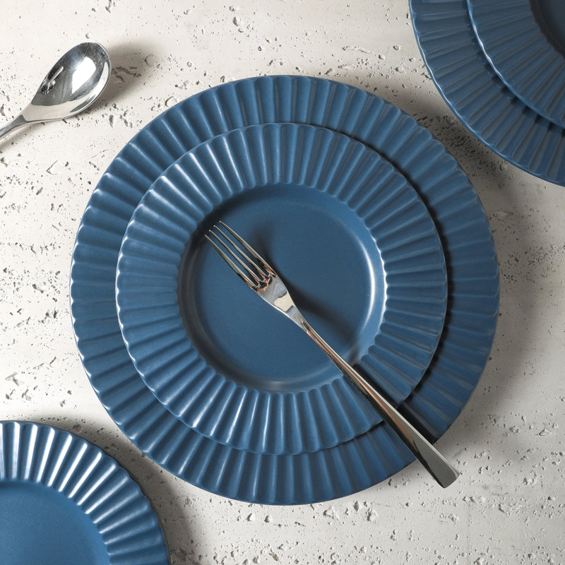 Ash Blue Ceramic 16-Piece Ridged Dinnerware Set