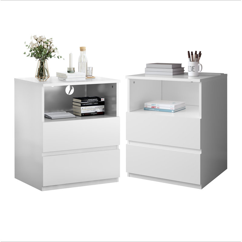 (Ensemble de 2) table de bout avec station de charge USB C rapide, table d'appoint avec canapé à 2 tiroirs, grande armoire de rangement moderne en bois pour le salon, la chambre à coucher, le bureau