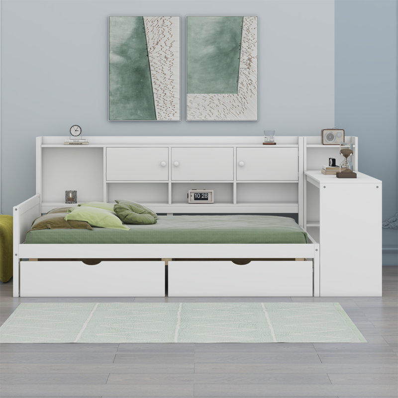 Wooden L-Shape Daybed With Storage Cabinets And Two Storage Drawers, Multi-Functional Bed With Study Desk And Built-In Bookshelf