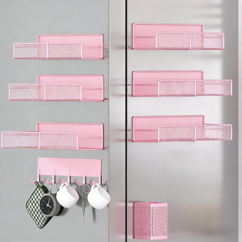 Étagère à épices magnétique avec crochets, étagère de rangement magnétique sans perceuse pour réfrigérateur, cuisine, buanderie, grille en métal peu encombrante