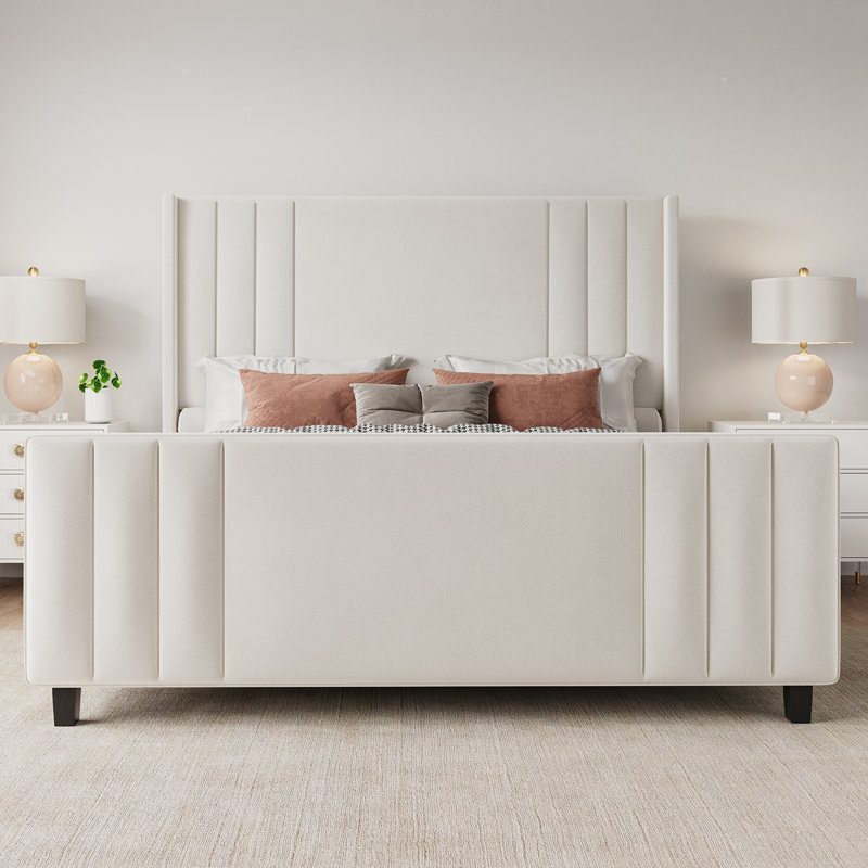 Tole Velvet Queen Size Upholstered Platform Bed with Vertical Channel Tufted Headboard,Cream, Queen, Cream