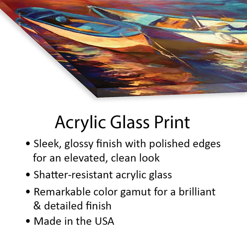 Canots au crépuscule, impression sur verre acrylique, H 16 po x l 24 po x P 0,25 po