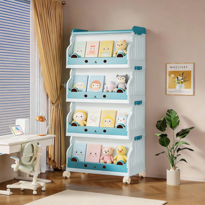 4-Tier Rolling Book Cart With Locking Wheels - Heavy-Duty Folding Bookcase For Classroom, Office, Kids Room, And Home Storage