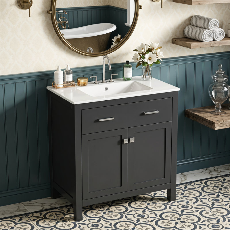 Meuble-lavabo 30 po avec lavabo en céramique, armoire de salle de bain simple noire moderne avec 2 portes et une tablette, portes à fermeture douce