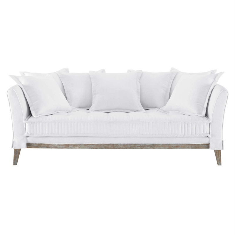 Rowan 84 in. White Fabric Sofa with Rustic Wood Frame