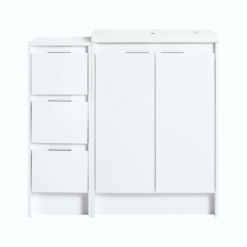 Meuble-lavabo autoportant avec lavabo en résine et 1 armoire de rangement, portes et tiroir à fermeture douce, contreplaqué