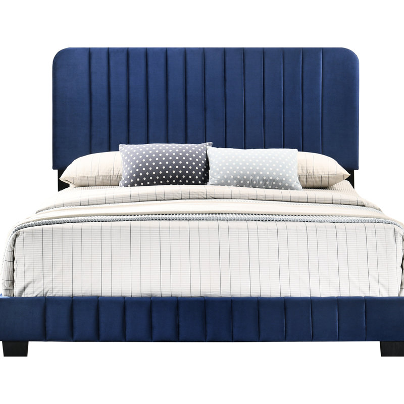 Lit double bleu marine - H 48 po x l 59 po x P 81 po, design contemporain, chic pour la chambre à coucher, velours, mousse, assemblage requis et soutien durable, nécessaire