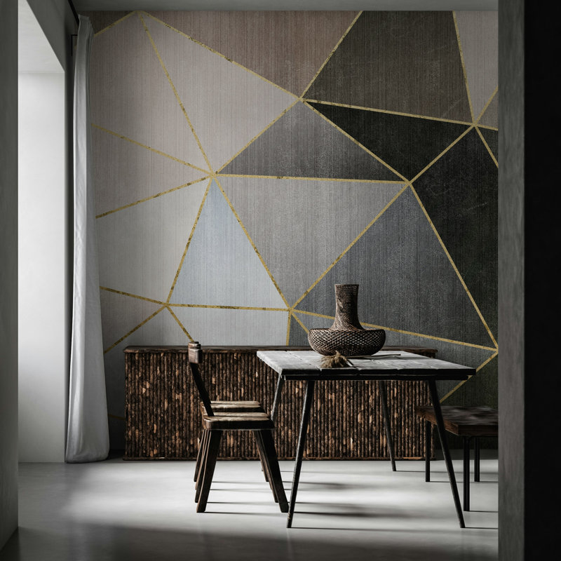Papier peint gris à lignes géométriques dorées, L 36,96 po x l 56 po