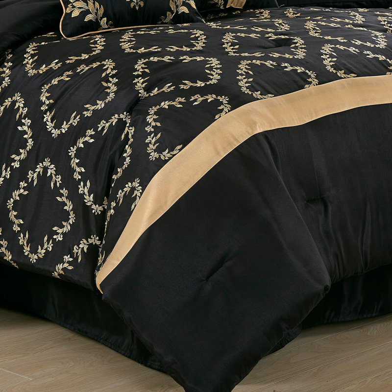Queen Black and Gold Faux Silk Embroidered Comforter Set