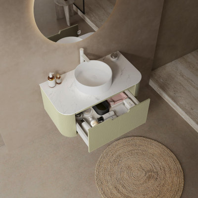 Bathroom Vanity With Sink,  Wall-Mounted Floating Curved Edges Striped Bathroom Storage Cabinet With A Drawer,  Artificial Marble Basin Without Faucet, Pre-Assembled,