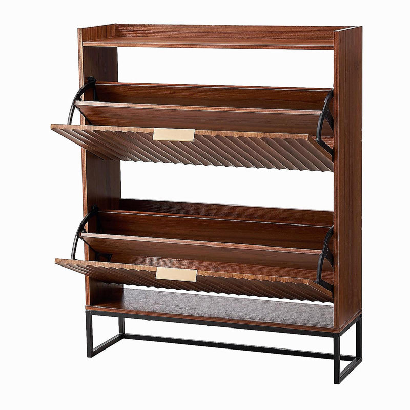 Rangement à chaussures Mid-Century cannelé avec 2 tiroirs rabattables et rangement autoportant en noyer pour le couloir d'entrée et la chambre à coucher | Idée de cadeau