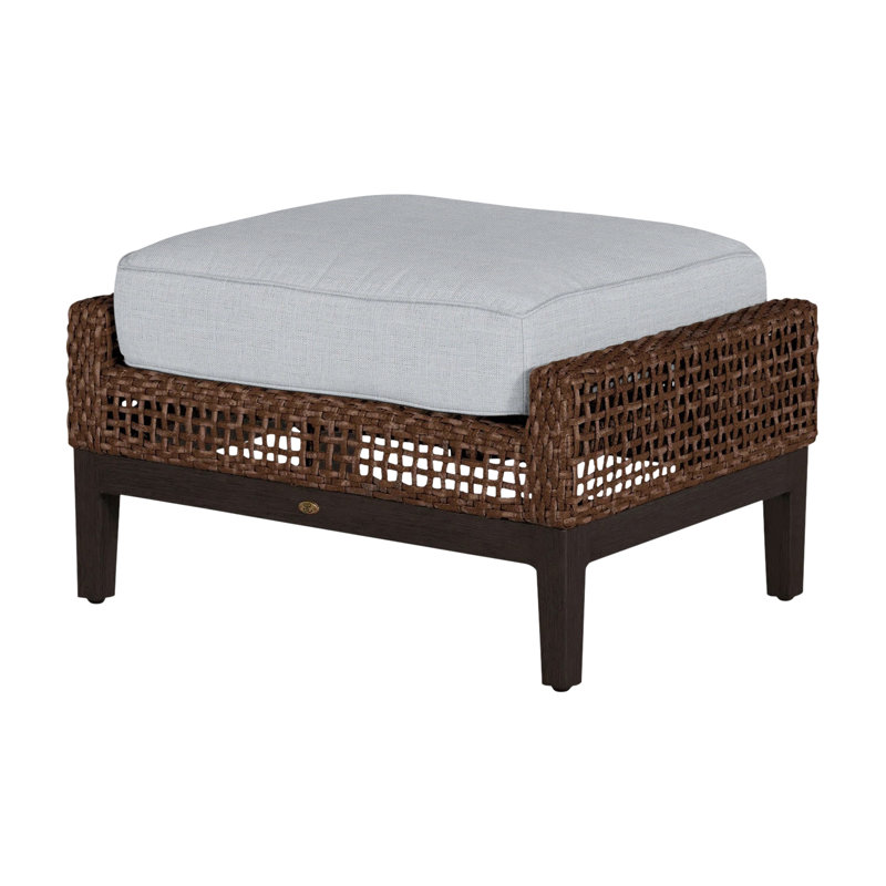 Repose-pieds d'extérieur tissé en osier Peninsule, Welt + bourre standard, Lin chambray, Acajou / châtaignier