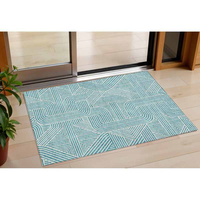3' X 5' Teal Blue Abstract Washable Indoor Outdoor Area Rug