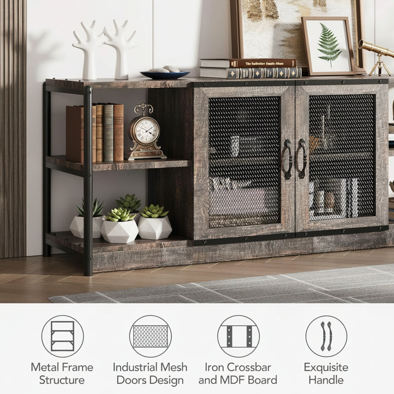 Farmhouse TV Stand, With Double Mesh Doors, Rustic Oak