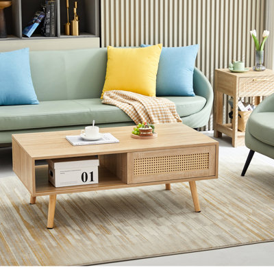 Table de salon moderne, 40,8 po, pieds en bois massif, table basse naturelle avec couleur pour le design