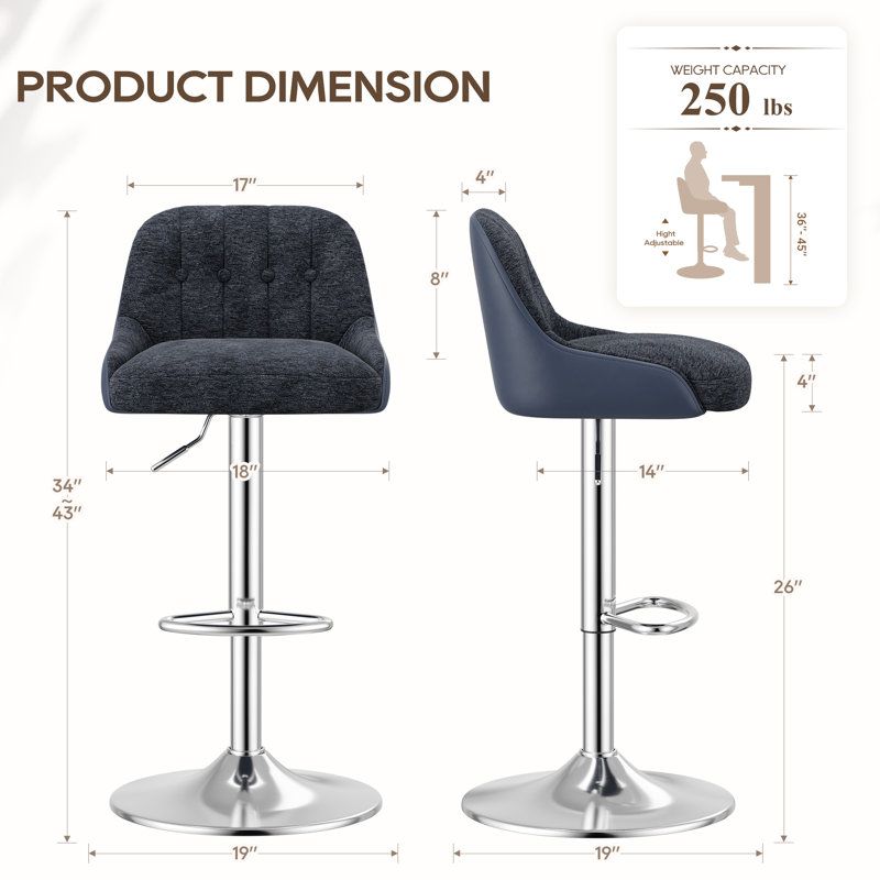 Upgraded Adjustable Swivel Bar Stools  -  Faux Leather & Fabric Upholstered Counter Height Stools with Chrome Base for Kitchen Island, Bar