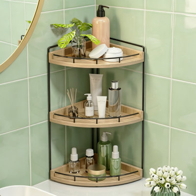 Support à épices multifonctionnel pour comptoir de coin, tablette de rangement pour salle de bain 3 couches avec cadre en fer, plateau de rangement en bois de 16,54 po pour coiffeuse, cuisine, chambre à coucher, couleur naturelle