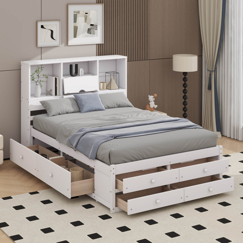 Lit plateforme avec tête de lit avec rangement et 8 tiroirs, Blanc, Grand