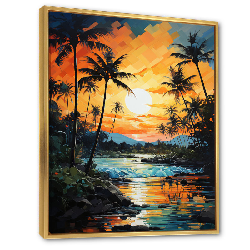 Palmiers, pointillisme tropical V - art mural sur toile florale, H 32 po x l 16 po x P 1 po, Cadre flottant doré