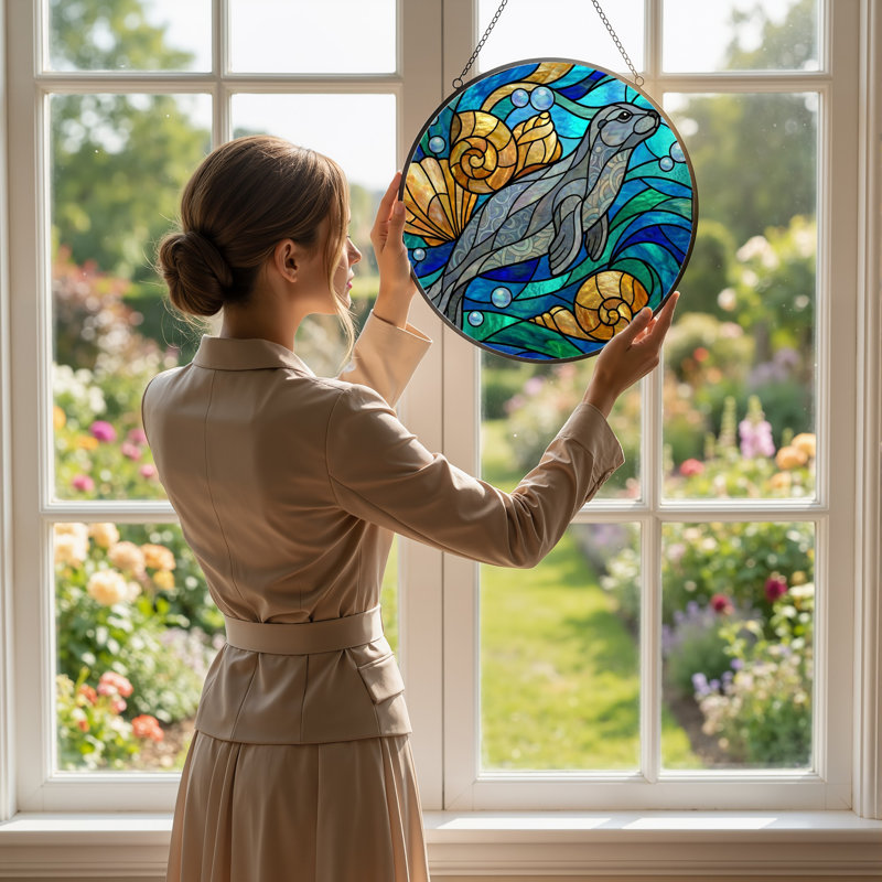 Vitrail de vitrail H 7,8 "Sea Life, H 7,8 po x l 7,8 po