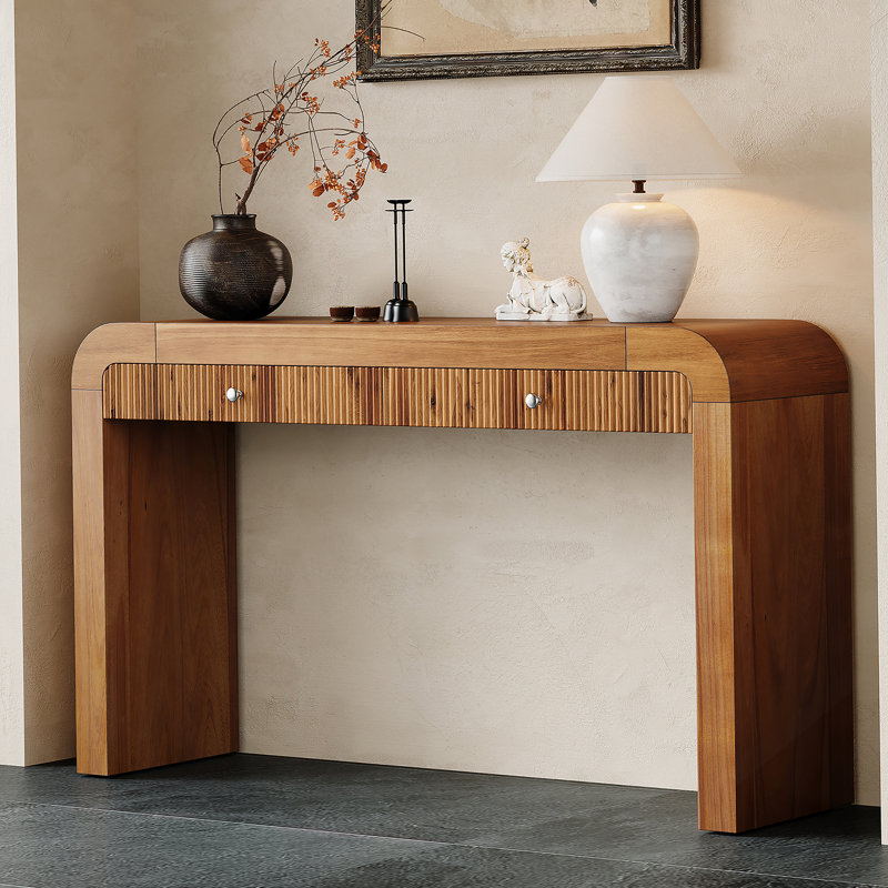 Console rustique avec façade de tiroir cannelée, table d'entrée avec coins incurvés et pieds épais, table de canapé robuste pour le couloir et le salon