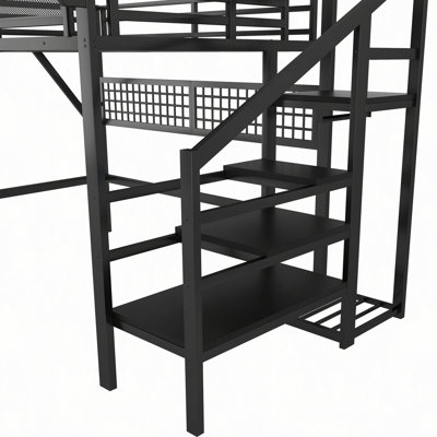 Loft Bed with Stairs, Metal Loft Bed with Light and Storage, High Loft Bed with Wardrobe and Storage