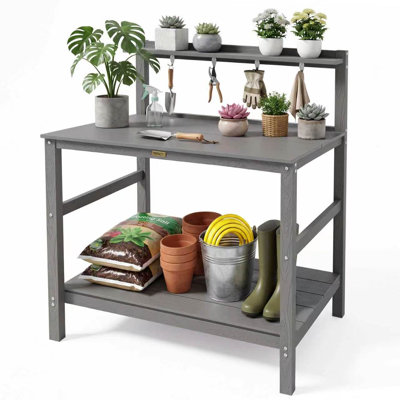 Outdoor Garden Potting Bench With 4 Hooks & Wide Tabletop HIPS Potting Table With Storage - 3-Tier Weather Resistant Potting Benches For Outside With 420Lbs Capacity For Patio & Backyard Gardening Easy To Clean（Gray）