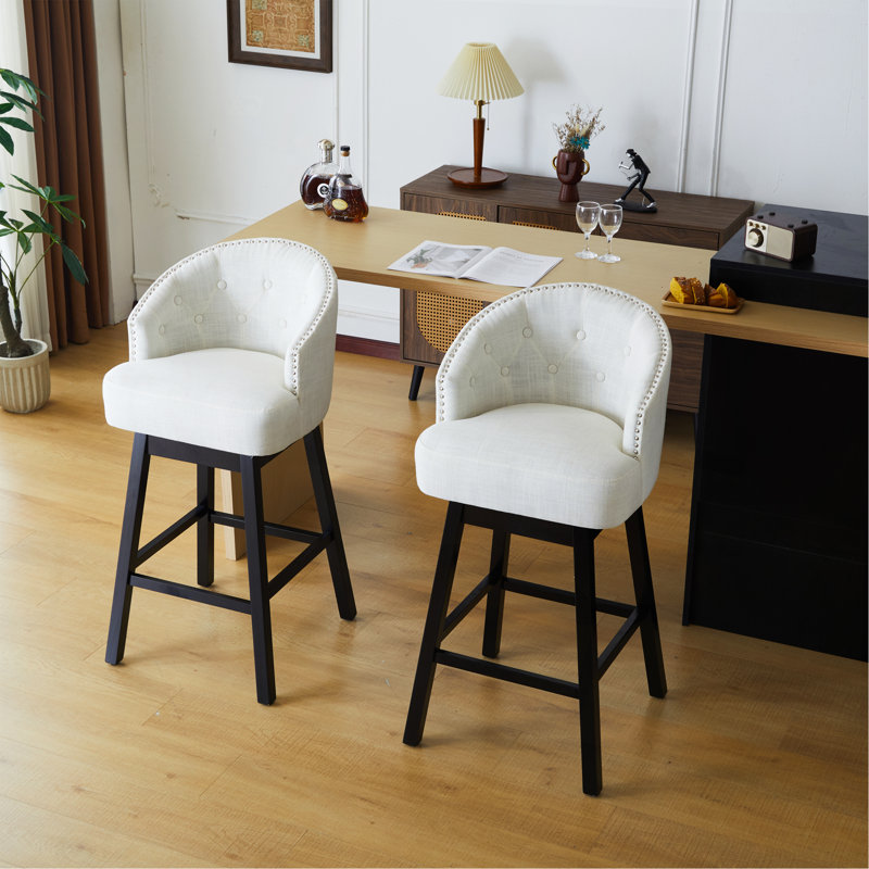 Ensemble de 2 tabourets de comptoir pivotants de 33,25 po, avec tabourets de bar à hauteur de comptoir avec structure en bois d'hévéa massif, dossier, repose-pieds, tabourets de bar sans accoudoir pour bar personnel, comptoir de cuisine, noir et beige