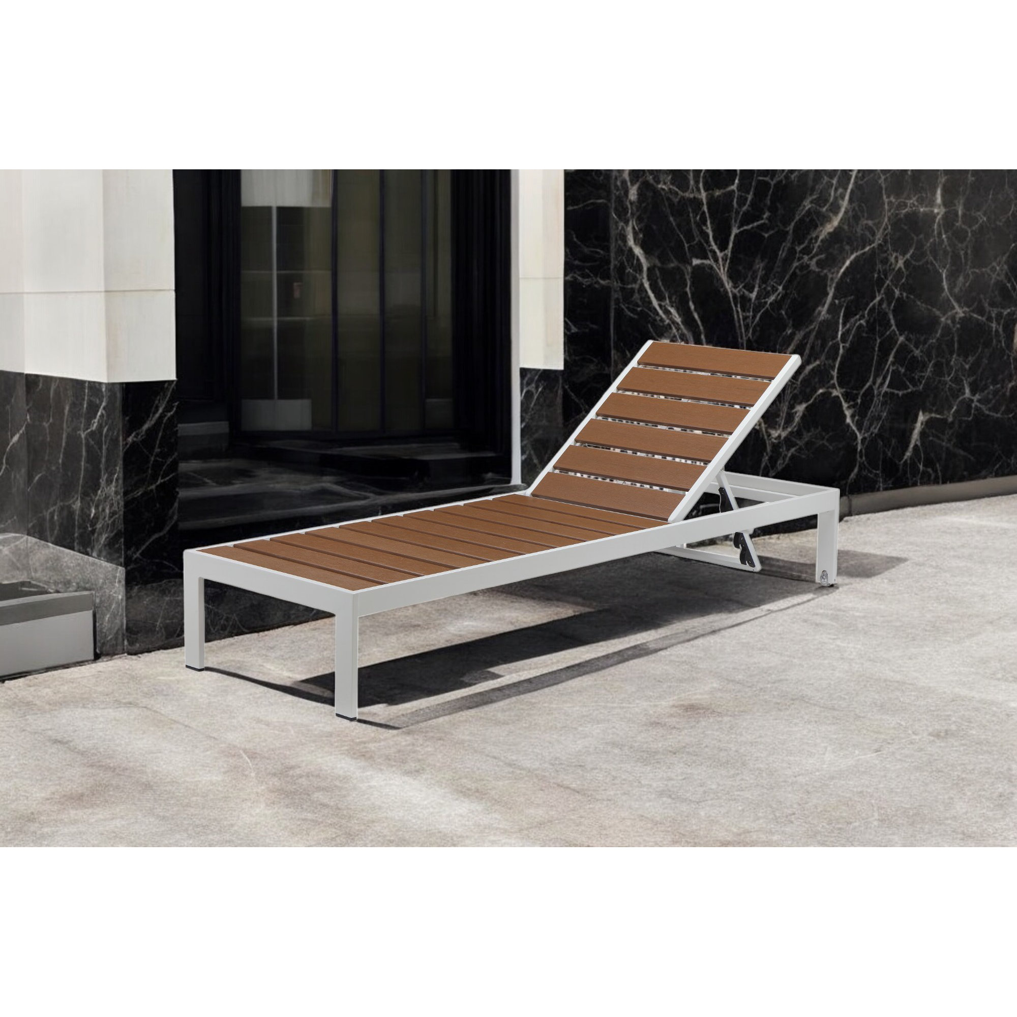 Aynura 26'' Outdoor Metal Chaise Lounge,  White Frame/Teak Seat