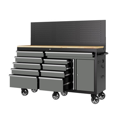 60 Inch Rolling Tool Chest Workbench, 10 Drawers Mobile Tool Cabinet with Pegboard & Charging Station, Heavy-Duty 1750 LBS Capacity for Garage and Workshop