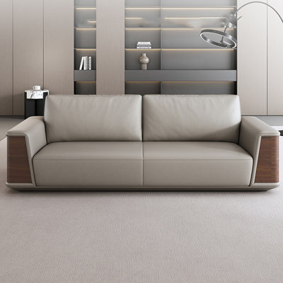 Canapé moderne en cuir véritable avec accoudoirs en grain de bois, canapé minimaliste 2 places avec surface de contact en cuir véritable, canapé de salon avec coussins moelleux