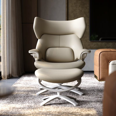 Genuine Leather Reclining Swivel Chair with Adjustable Headrest and Ottoman for Living Room, Executive Office, Bedroom,Study. Real Leather Luxury Recliner for Reading and Relax(White)
