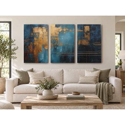 Triptych Canvas Wall Art – Luxury Abstract Triptych Canvas Wall Art - Blue and Gold Textured Painting - Modern Large Wall Decor - Elegant Geometric Design, Painting Reproduction
