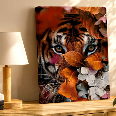 Visage de tigre en feuilles d'automne, Portrait floral, impression sur toile, impression murale, salon botanique, chambre à coucher, couloir, décoration murale surréelle moderne pour appartement, loft, entrée, maison, style