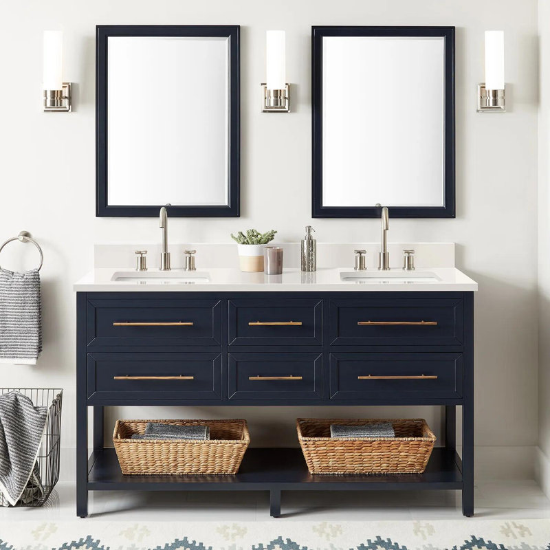 60" Robertson Double Bathroom Vanity Set with Rectangular Undermount Sinks, Single Hole, Midnight Navy Blue, Carrara Marble