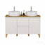 Meuble-lavabo moderne de 119 cm (47 po) avec double lavabo, 2 portes et 2 grands tiroirs, système de fermeture amortie, design sans poignées, plateau et pieds en bois massif naturel, 2 lavabos ronds en céramique sur le comptoir, blanc brillant