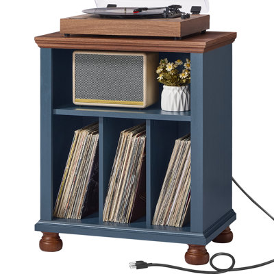 Record Player Stand With Charging Station Up To 200 Albums, 24" Wide Mid-Century Record Player Table With Vinyl Record Storage,Large Wood Turntable Stand Dispaly Cabinet For Living Room